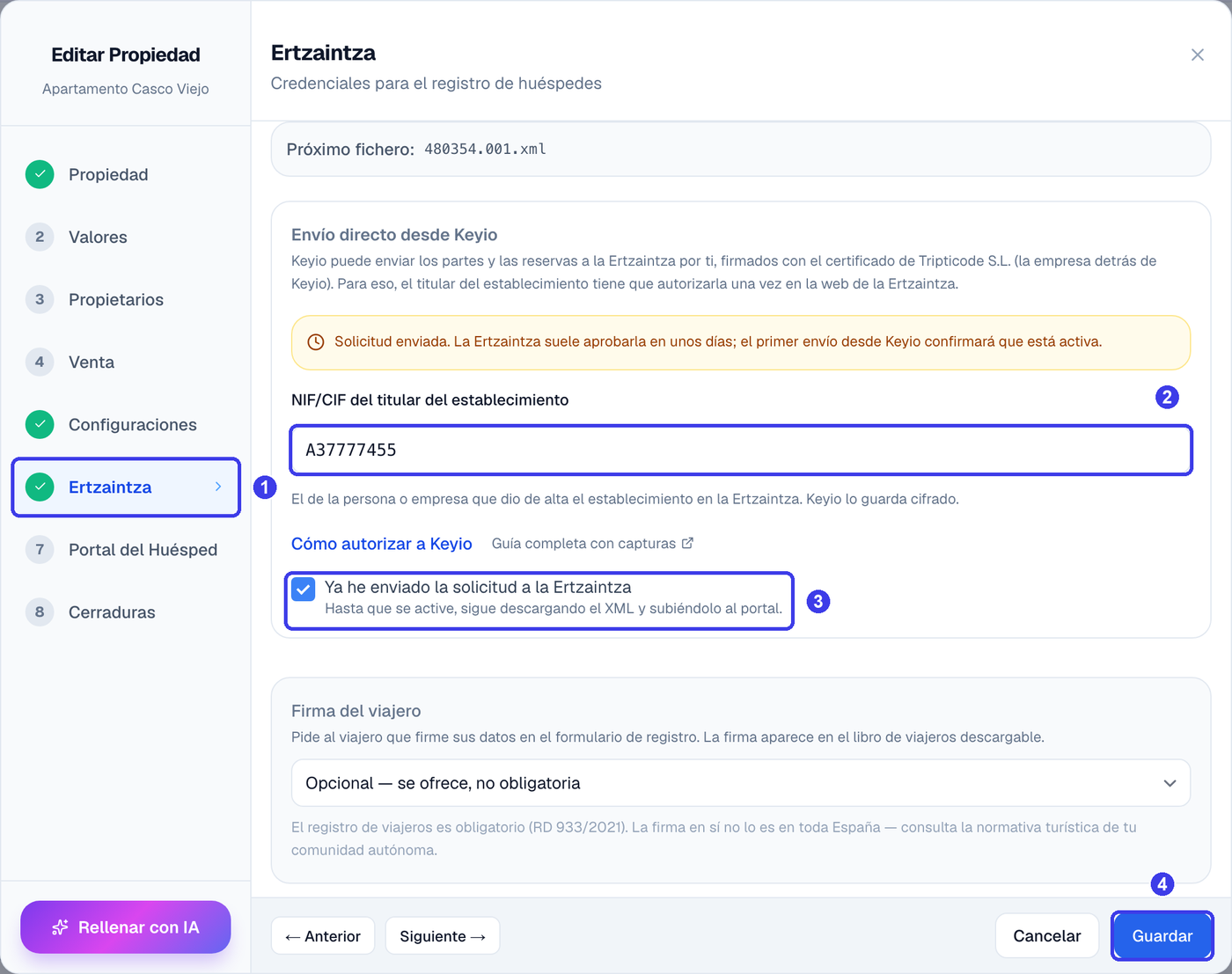 Propiedad → Editar → Ertzaintza: (1) el paso, (2) el NIF del titular, (3) «Ya he enviado la solicitud», (4) Guardar.