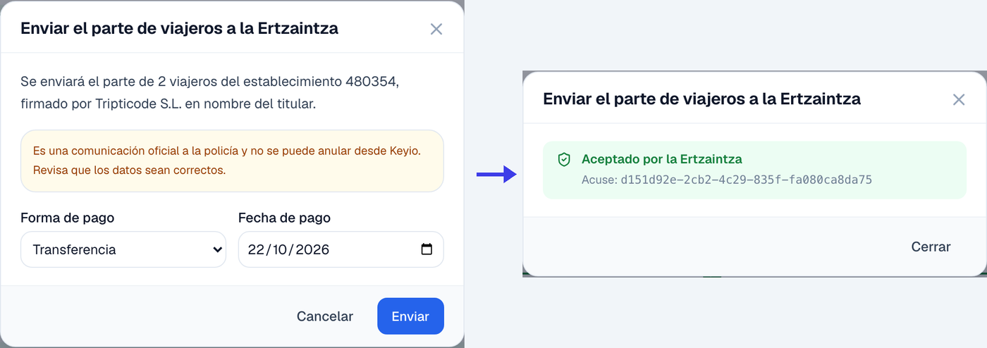 Confirma la forma de pago y envía; la respuesta de la Ertzaintza y su código de acuse se ven al momento.