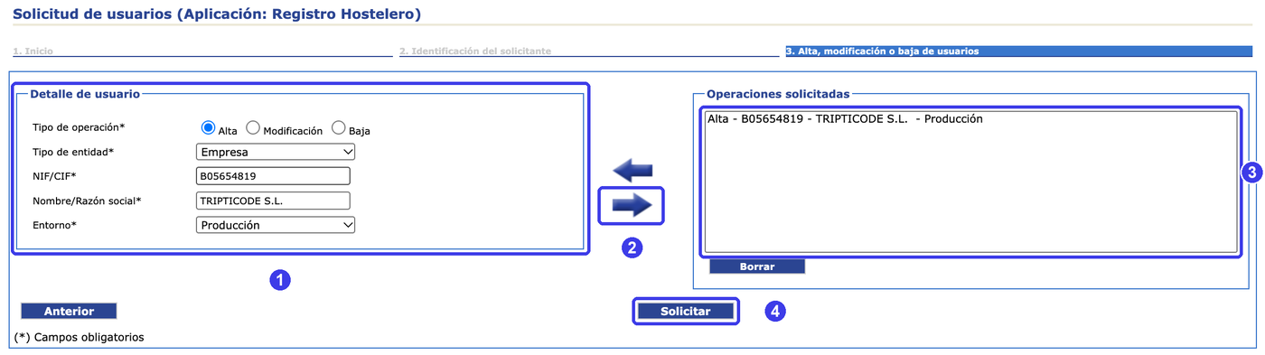 Paso 3: (1) los datos de Keyio, (2) la flecha azul hacia la derecha, (3) la línea que tiene que aparecer, (4) «Solicitar».