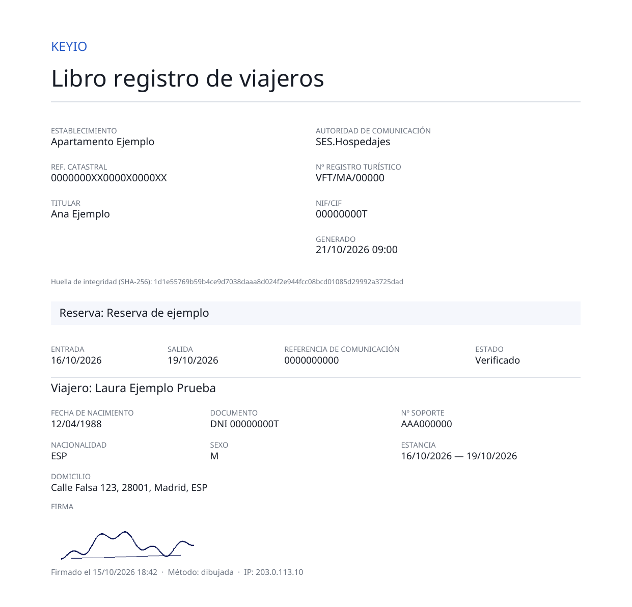 Primera página de un libro de viajeros en PDF generado por Keyio, con los datos de un viajero y su firma