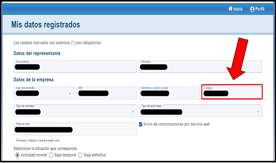 Mis datos: the "Código" field is the Landlord Code (Código Arrendador).